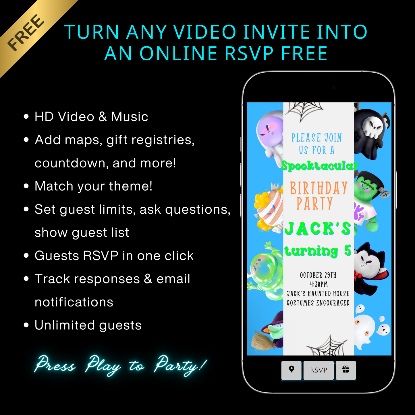 Halloween-Videoeinladung, animierte Einladung „Kleine Monster“, bearbeitbare mobile Halloween-Party-Einladung