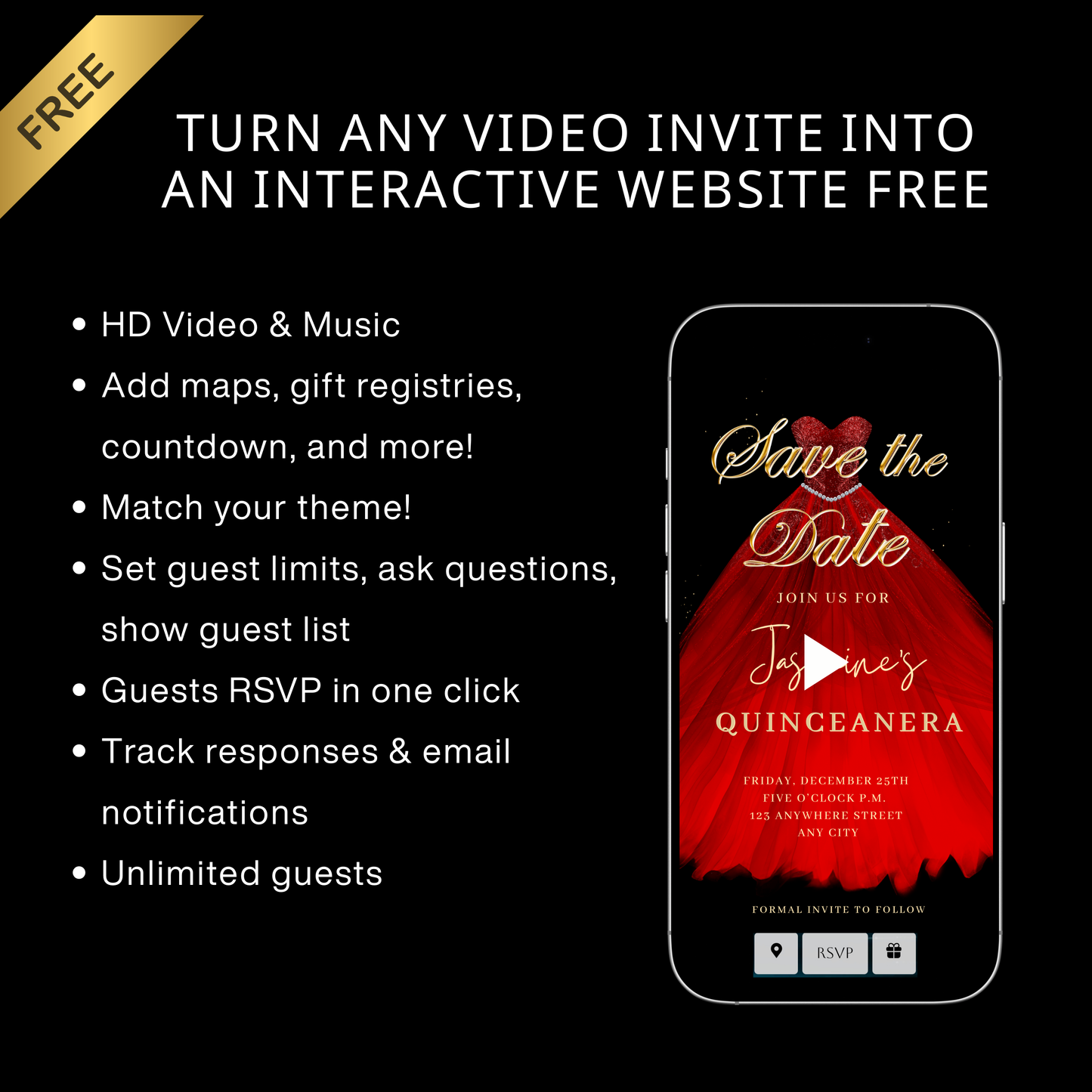 Red Quinceanera Video Invite | Sweet 15 16 Quince RSVP Tracker | Editable Canva Evite Template