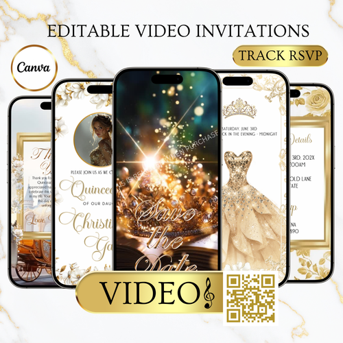 White and Gold Quinceañera Invitation | Royal Princess Video Invite with RSVP Website | Editable Canva Template | Elegant Gold Dress Sweet 16 Digital Evite