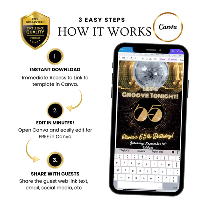 Studio 54 Video Invitation | Animated 65th Birthday Digital Evite | Editable Canva Invite Template