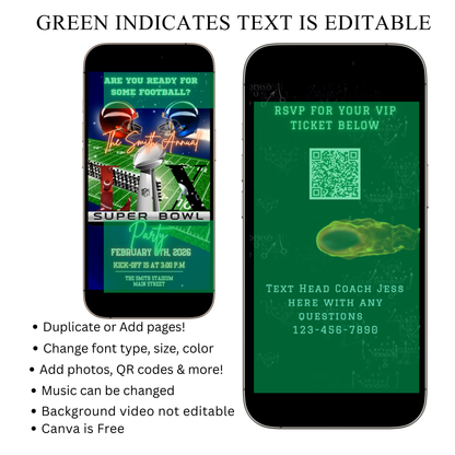 Super Bowl LX Party Video Invitation | Digital Football Game Day Invite | Editable Online Template