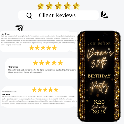 Gold Birthday Dinner Video Invitation | Digital Luxe Birthday Mobile Invite | Editable Animated Gold Glitter