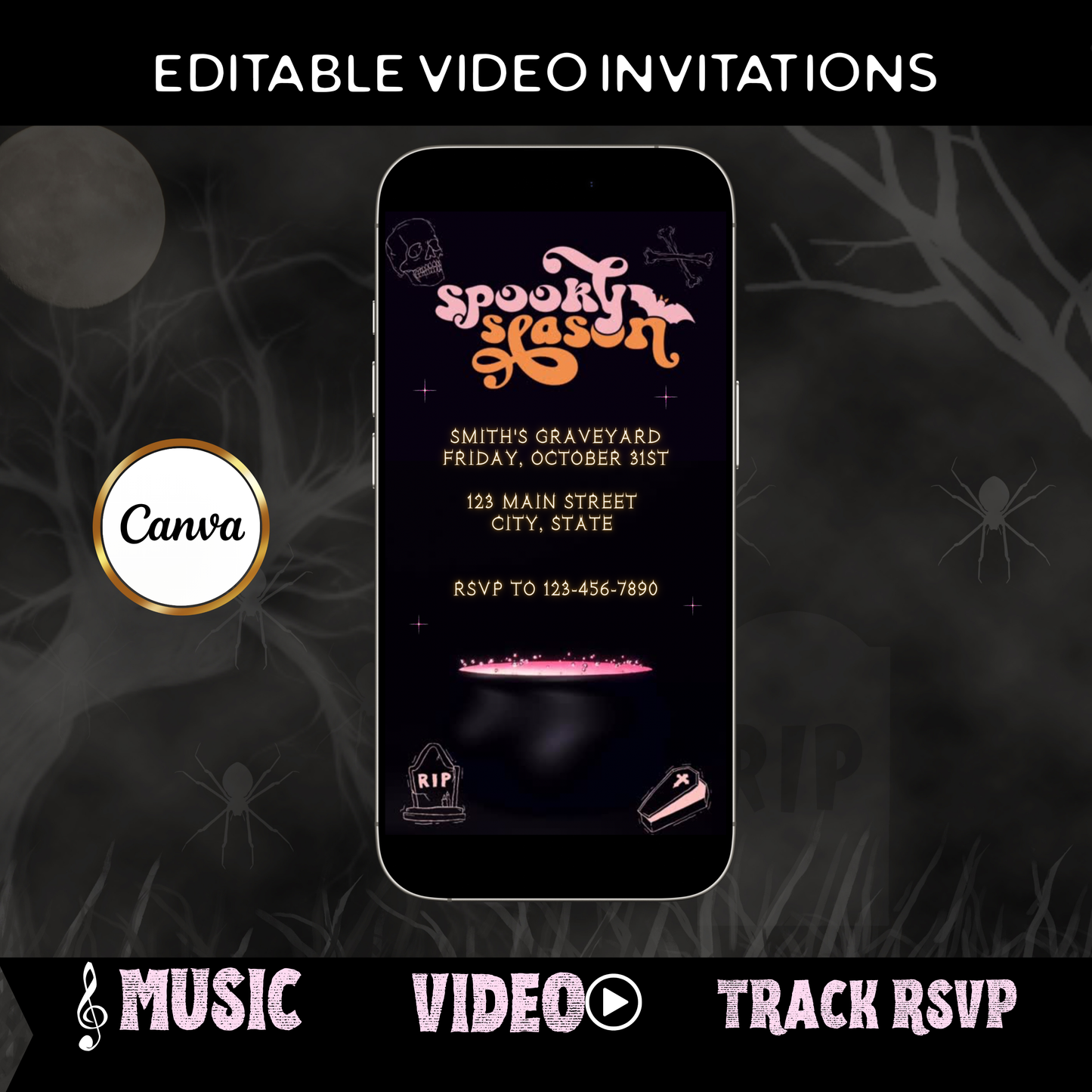Halloween Video Invitation | Animated Pink Spooky Digital Evite | Editable Canva Invite Template