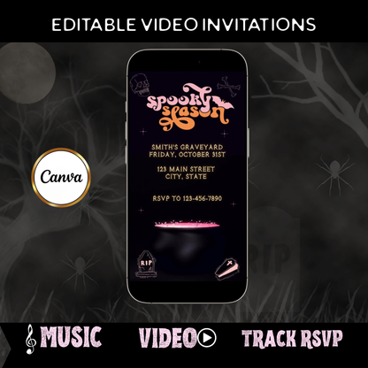 Halloween Video Invitation | Animated Pink Spooky Digital Evite | Editable Canva Invite Template