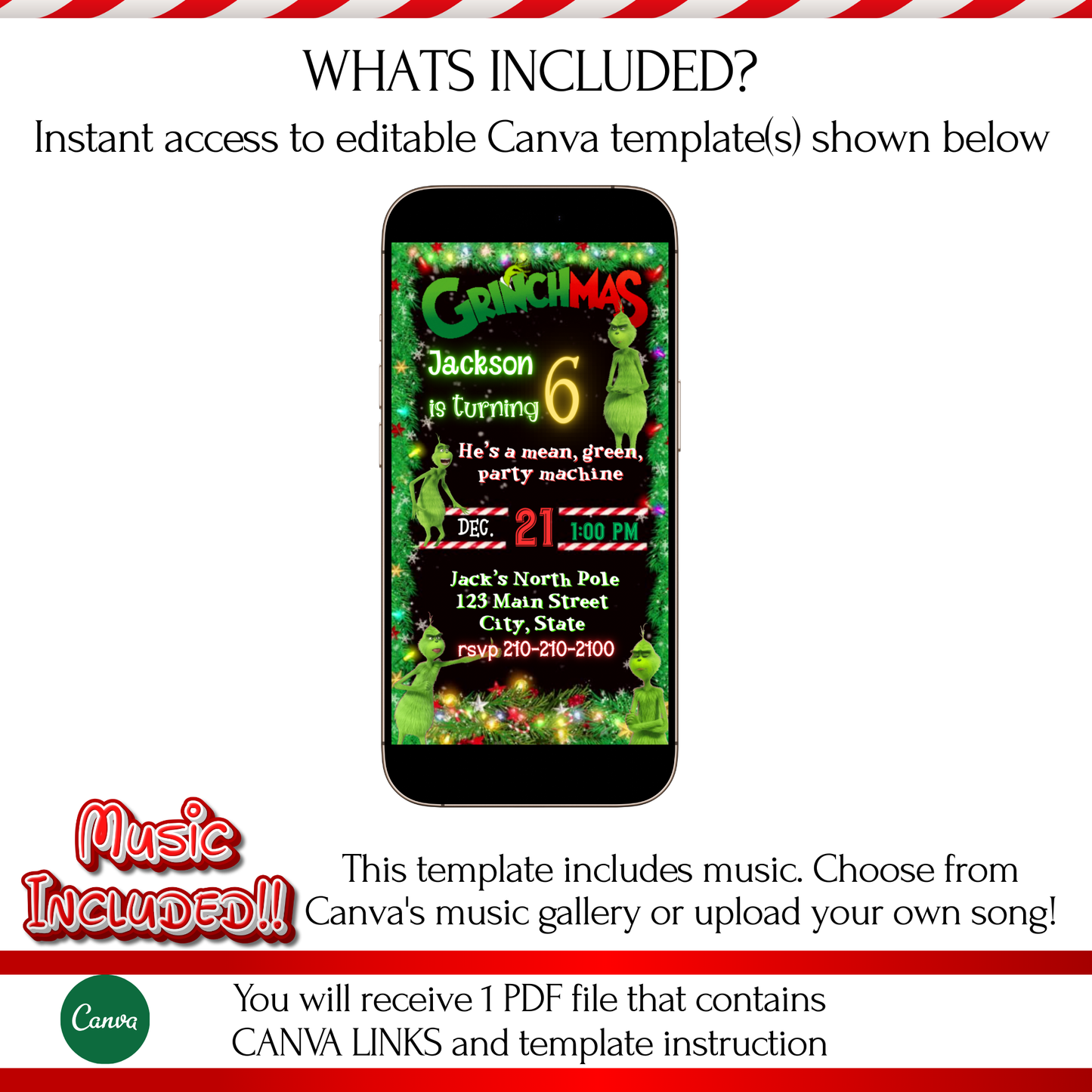 The Grinch Video Invitation | Digital Christmas Invite | Editable Canva Template