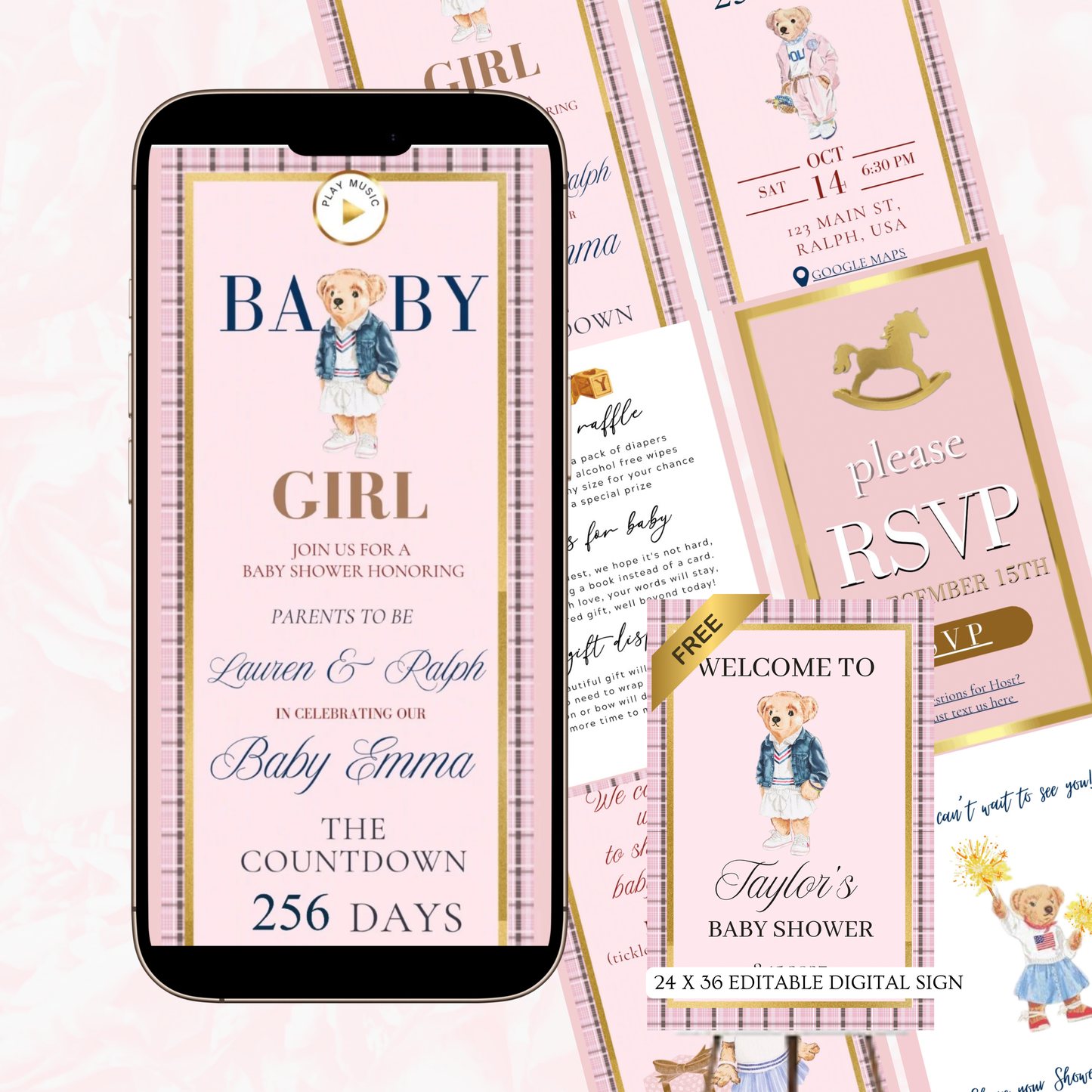 Pink Polo Ralph Lauren Baby Shower Invitation Website | Animated Classic Polo Girl Baby Shower Invite with Rsvp tracking