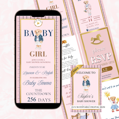 Pink Polo Ralph Lauren Baby Shower Invitation Website | Animated Classic Polo Girl Baby Shower Invite with Rsvp tracking
