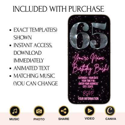 65th Birthday Disco Video Invitation | Digital Retro Party Invite | Editable Canva Template