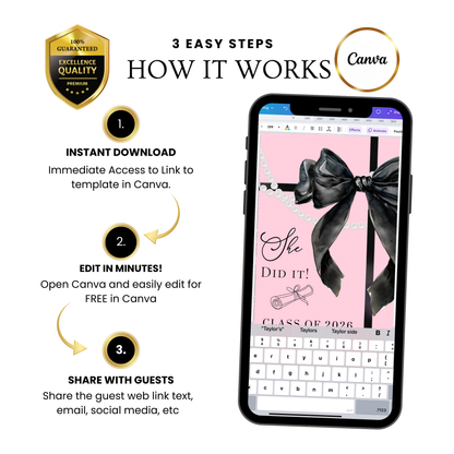 Graduation Party Video Invitation | Pink and Black Bow Graduation Invite for Her | Editable Online RSVP Evite Canva Template