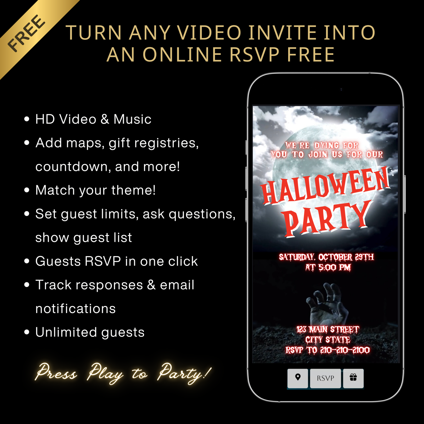 Halloween-Videoeinladung, animierte Einladung mit der Hand aus dem Grab, bearbeitbare mobile Einladung zur Halloween-Party