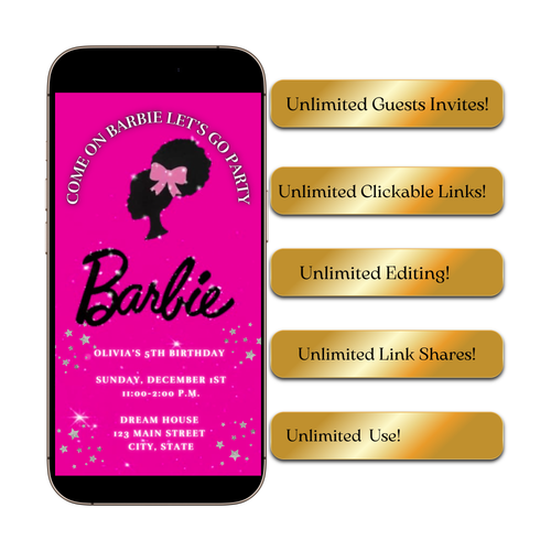 Bearbeitbare Barbie-Videoeinladung | Animierte digitale Einladung mit pinkfarbener Barbie | Bearbeitbare Canva-Einladungsvorlage