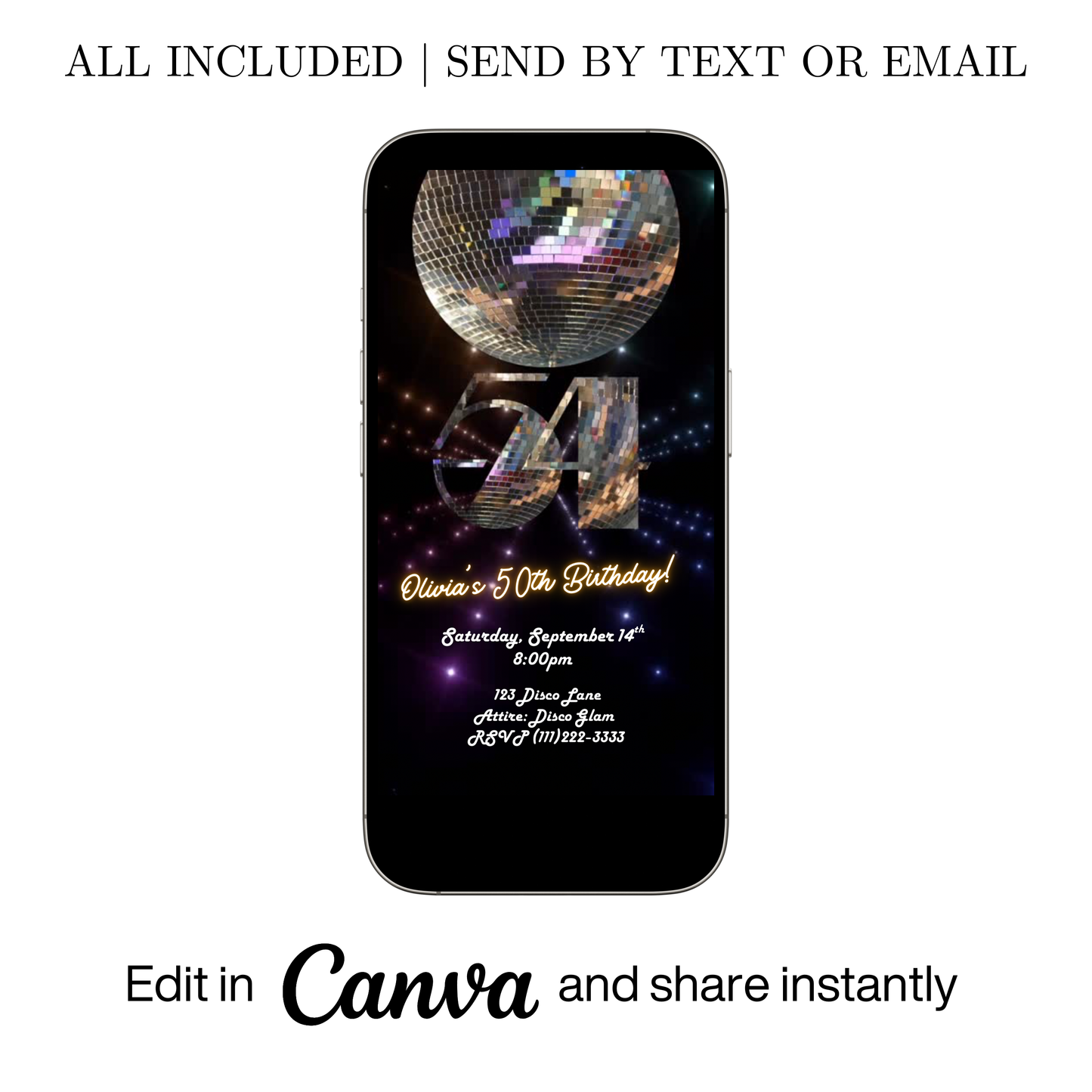 Studio 54 Video Invitation | Animated Disco Birthday Digital Evite | Editable Canva Invite Template