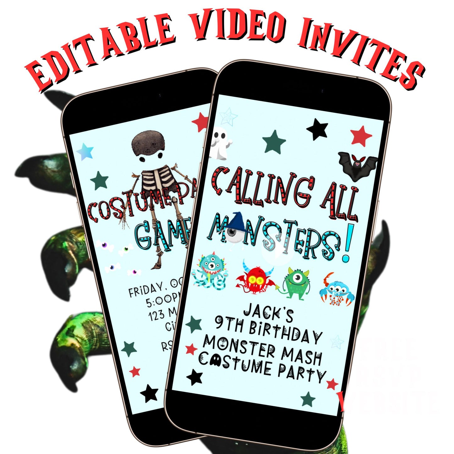 Halloween-Videoeinladung, animierte Monster-Mash-Einladung, bearbeitbare mobile Halloween-Party-Einladung