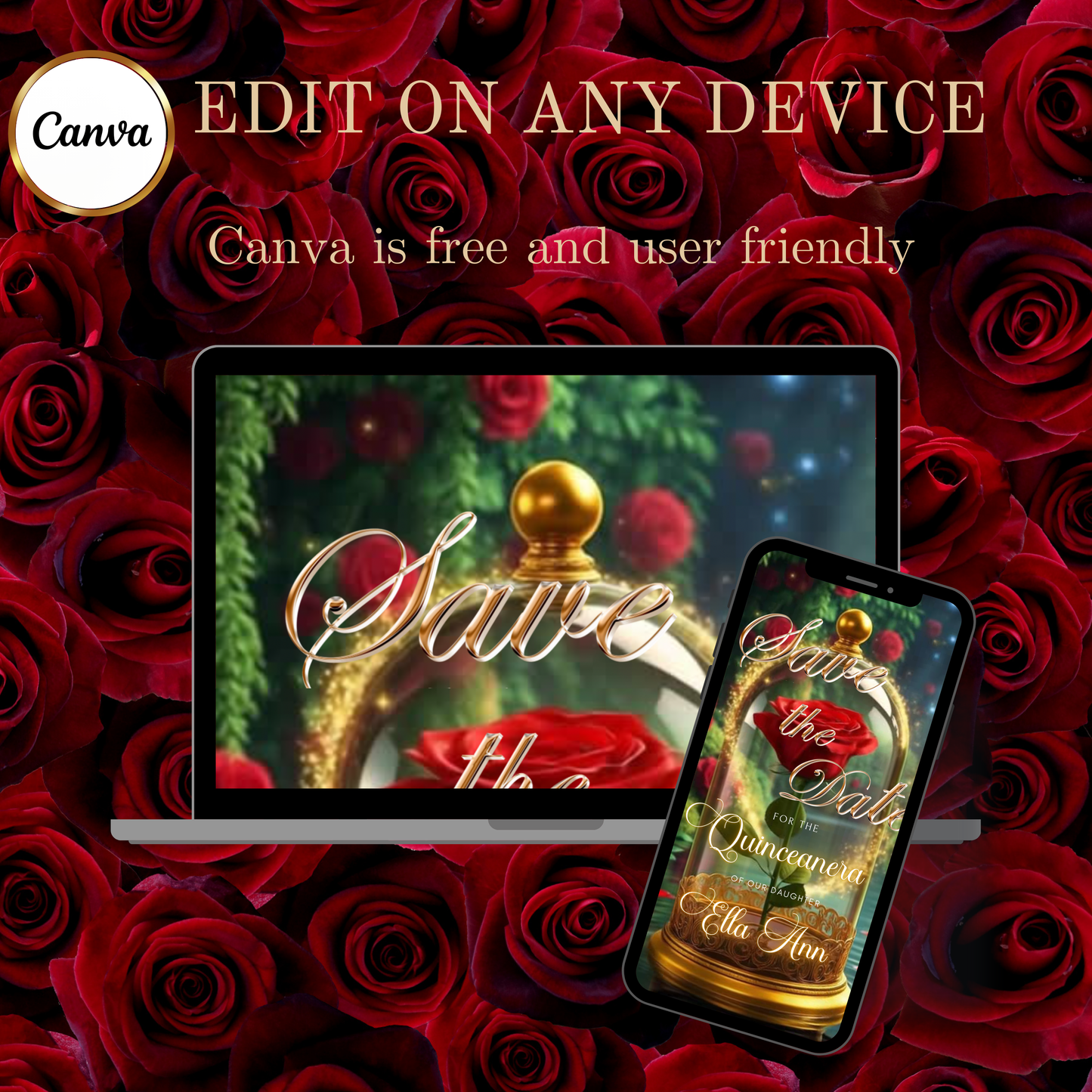 Beauty and the Beast Red Rose Video Invite | Digital Princess Quinceanera Invite | Editable Canva Evite Template