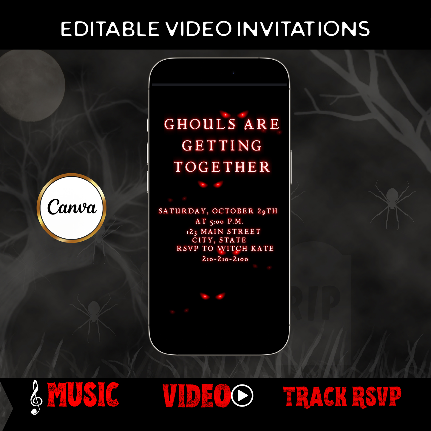 Halloween-Videoeinladung, animierte mobile Einladung mit bösem Blick