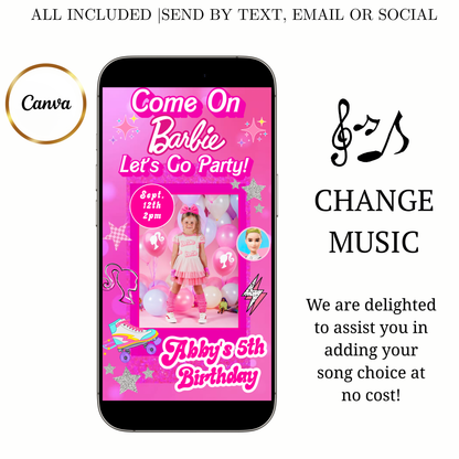 Editable Barbie Video Invitation | Animated Pink Barbie Digital Evite | Editable Canva Invite Template