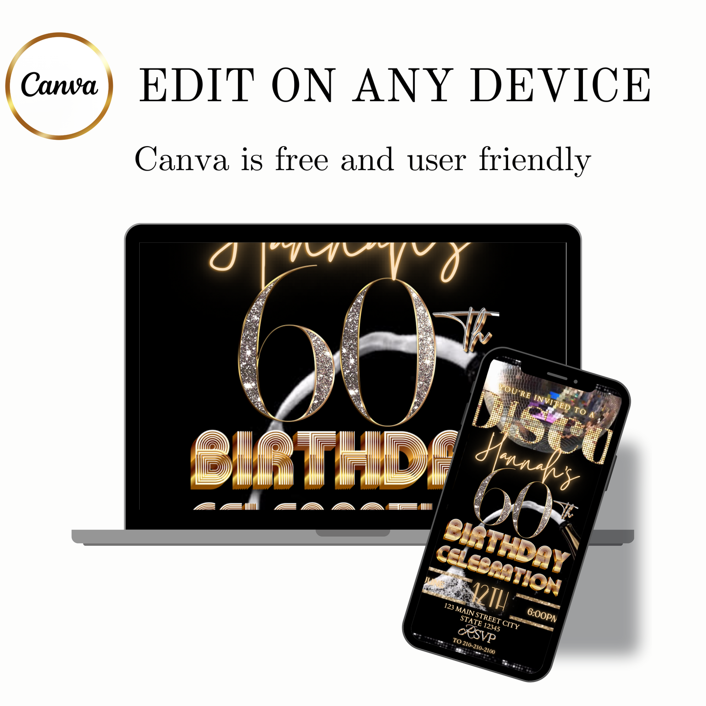 Disco 60th Birthday Party Video Invitation | Champagne Disco Theme Digital Evite | Editable Canva Template