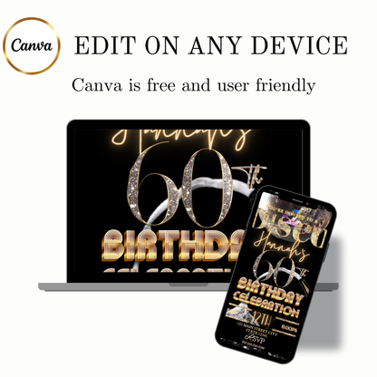 Disco 60th Birthday Party Video Invitation | Champagne Disco Theme Digital Evite | Editable Canva Template