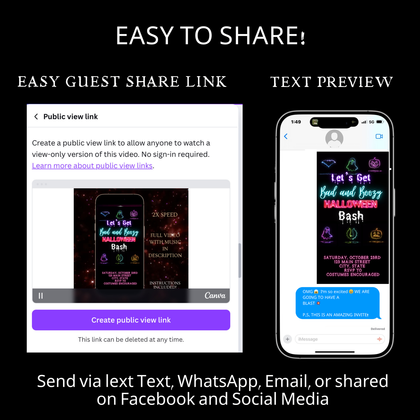 Halloween-Videoeinladung, animierte Neon-Halloween-Einladung, bearbeitbare mobile Halloween-Party-Einladung