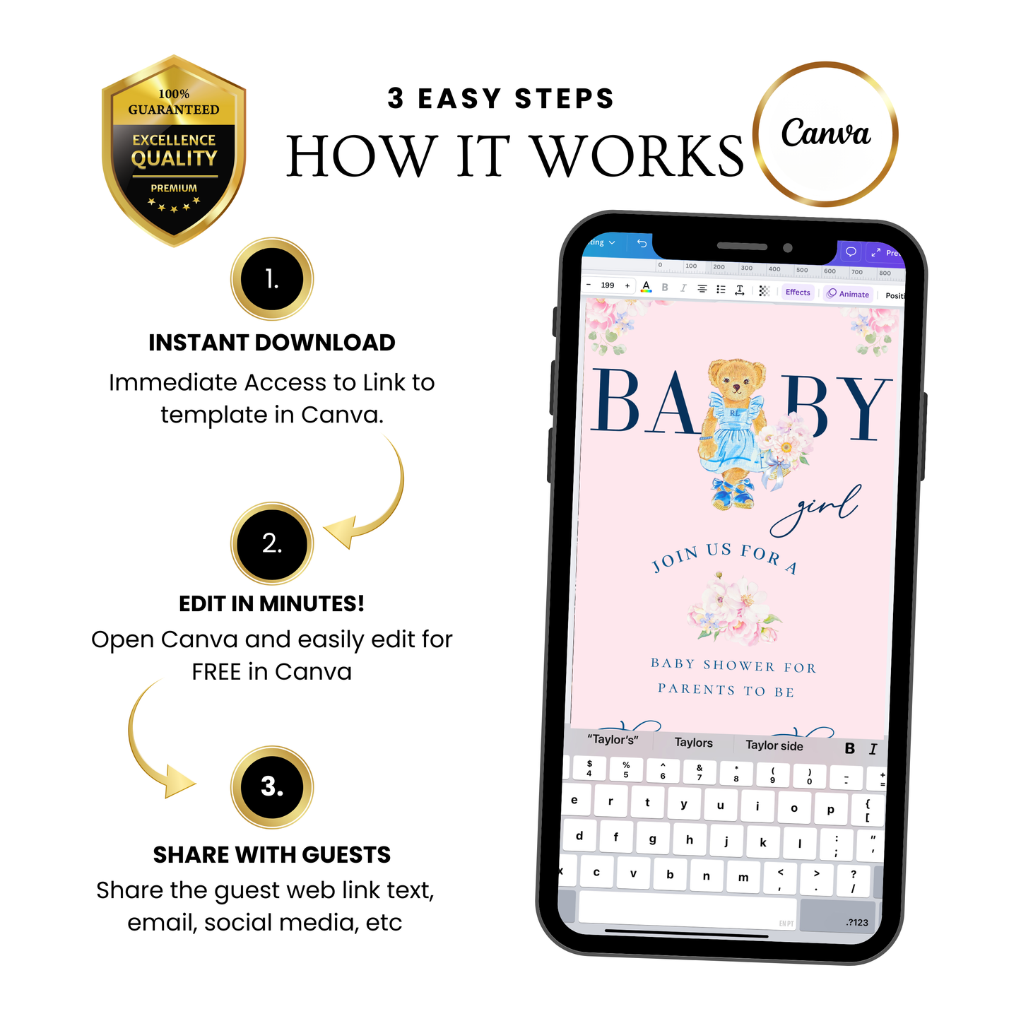 Video-Einladung mit rosa Polobär | Digitale, elegante Frühlingseinladung in Rosa | Bearbeitbare Canva-Vorlage