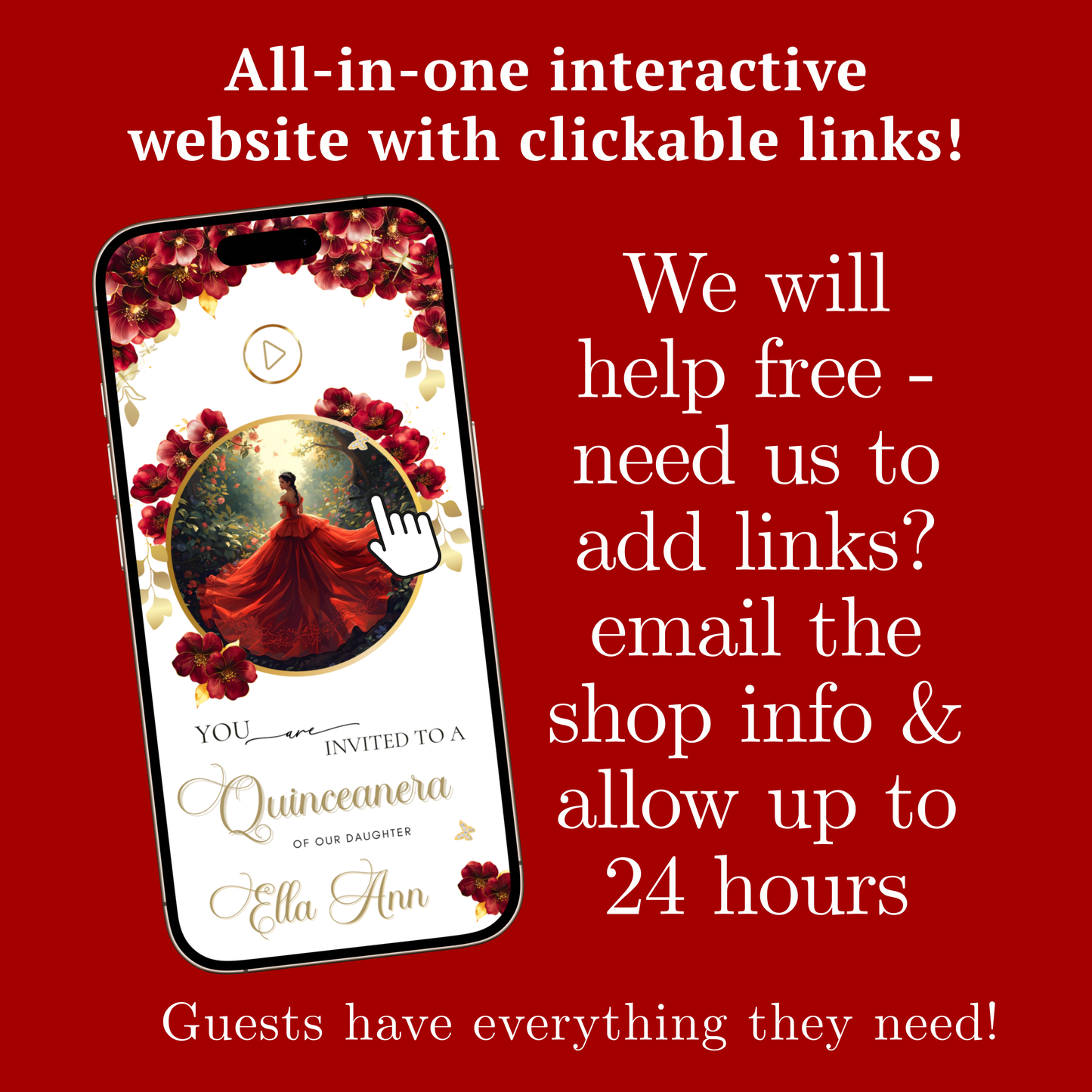 Red Quinceanera mini-Website RSVP tracker| Animated Sweet 15 16 Video Invitation | Canva Template