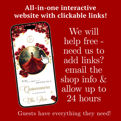 Red Quinceanera mini-Website RSVP tracker| Animated Sweet 15 16 Video Invitation | Canva Template