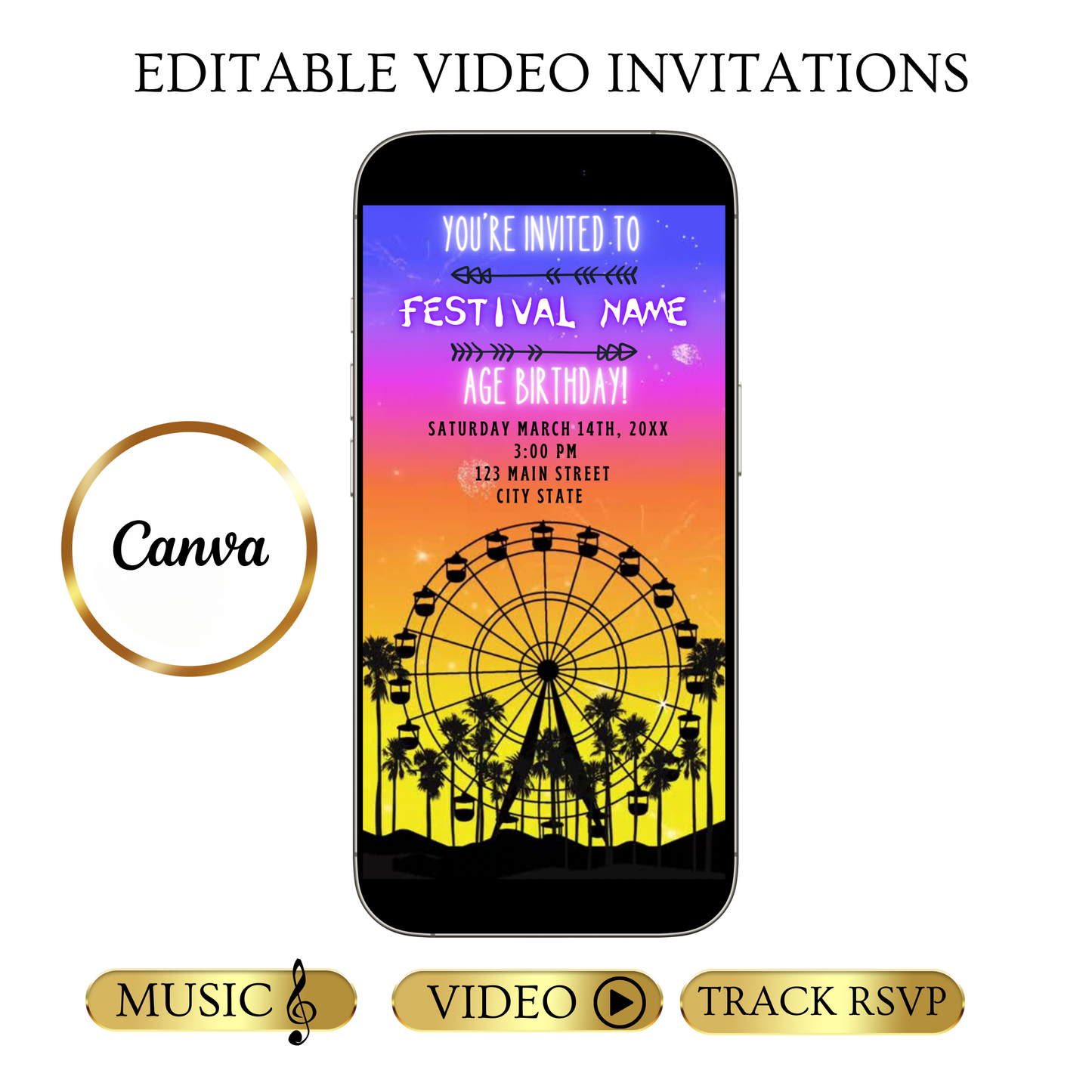 Bearbeitbare Coachella-Videoeinladung | Animierte Geburtstagseinladung für mobile Musikfestivals | Canva-Videoeinladungsvorlage