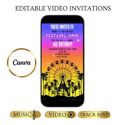 Bearbeitbare Coachella-Videoeinladung | Animierte Geburtstagseinladung für mobile Musikfestivals | Canva-Videoeinladungsvorlage