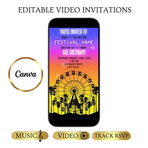 Bearbeitbare Coachella-Videoeinladung | Animierte Geburtstagseinladung für mobile Musikfestivals | Canva-Videoeinladungsvorlage