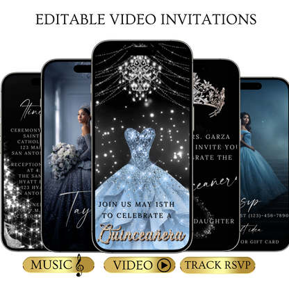 Silver Quinceanera Video Invite | Animated Sweet 15 16 Quince Evite | Editable Canva Evite Template