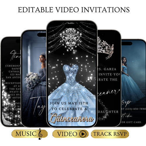 Silver Quinceanera Video Invite | Animated Sweet 15 16 Quince Evite | Editable Canva Evite Template
