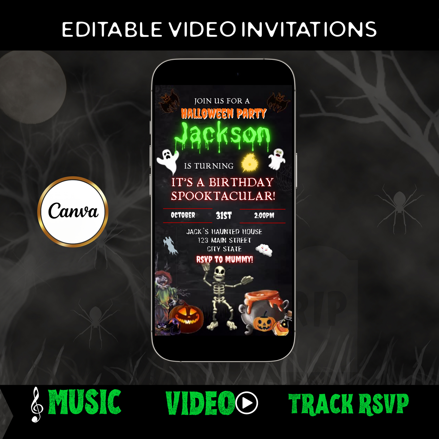 Halloween Video Invitation, Kids Halloween Animated Invite, Editable Halloween Party Mobile Evite