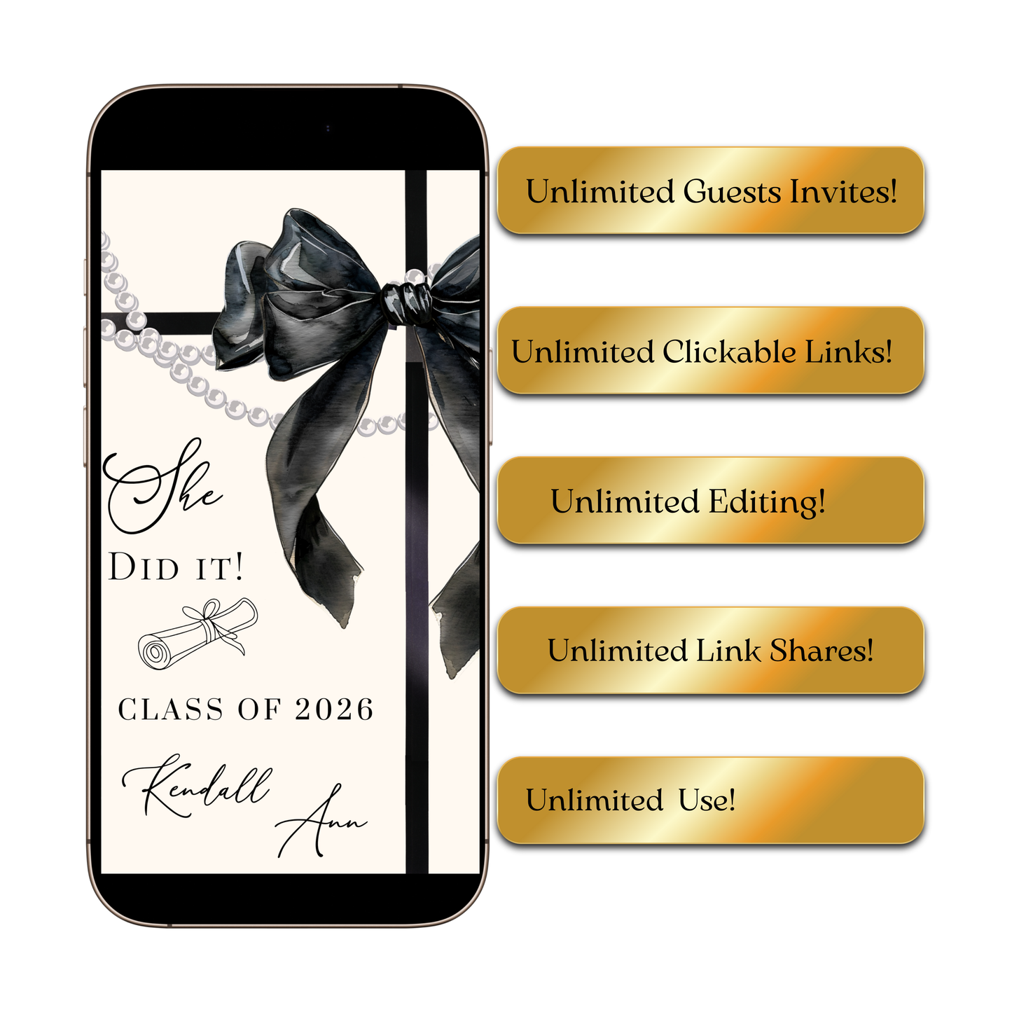 Graduation Party Video Invitation | Cream and Black Bow Graduation Invite for Her | Editable Online RSVP Evite Canva Template