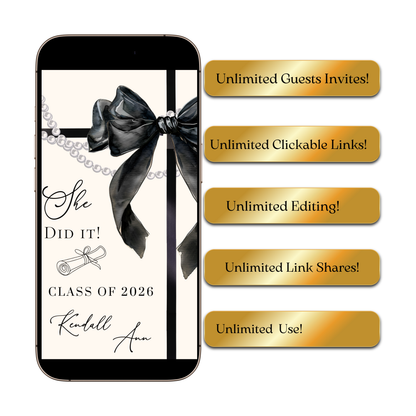 Graduation Party Video Invitation | Cream and Black Bow Graduation Invite for Her | Editable Online RSVP Evite Canva Template