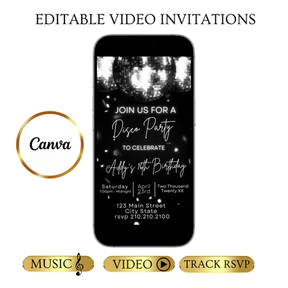 Video-Einladung zur Disco-Ära | Digitale Disco-Einladung für Mobilgeräte | Online-Vorlage zum Bearbeiten