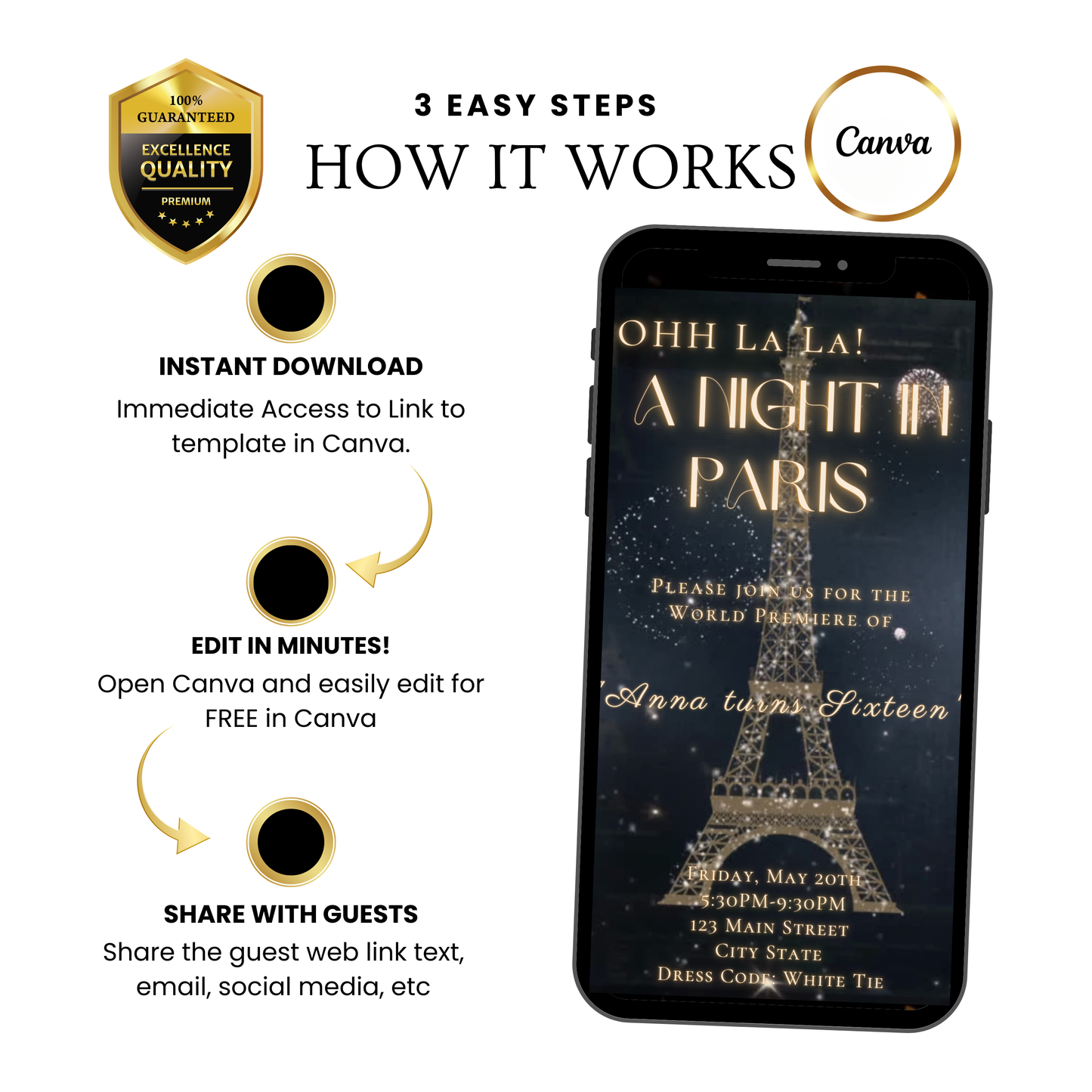 Paris Night Video Invitation| Editable Elegant Birthday Party Evite | Canva Template