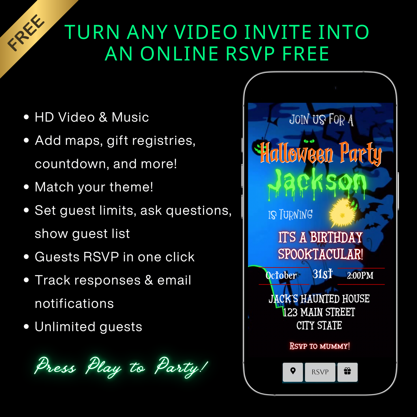 Halloween-Videoeinladung, animierte Einladung zum gruseligen Geburtstag für Jungen, bearbeitbare mobile Einladung zur Halloween-Party