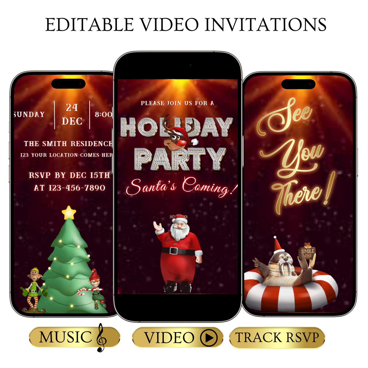 Editable Christmas Video Invitation | Animated Santa Digital Evite | Editable Canva Invite Template