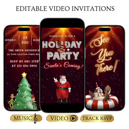 Editable Christmas Video Invitation | Animated Santa Digital Evite | Editable Canva Invite Template