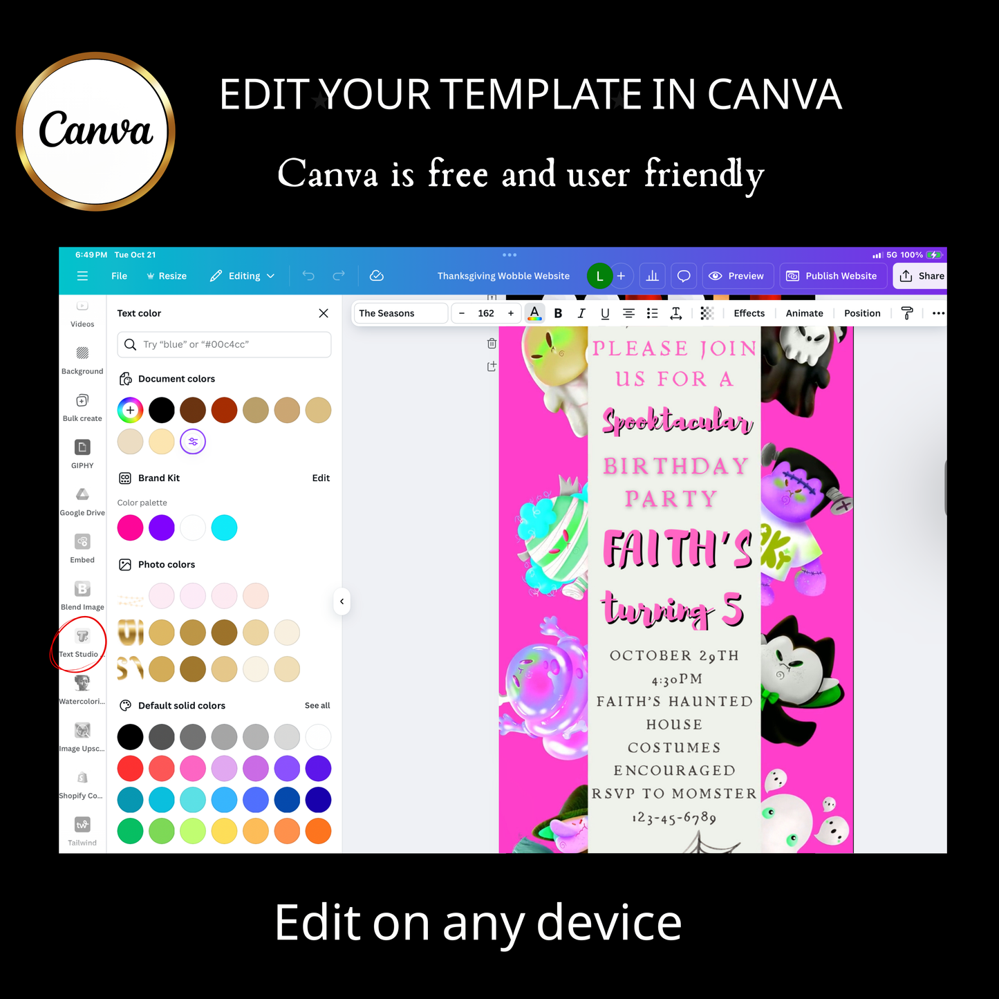 Halloween-Videoeinladung, animierte Einladung „Pink Little Monsters“, bearbeitbare mobile Einladung zur Halloween-Party