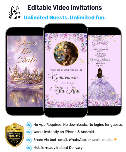 Lilac and Pink Quinceañera Video Invitation Canva Template
