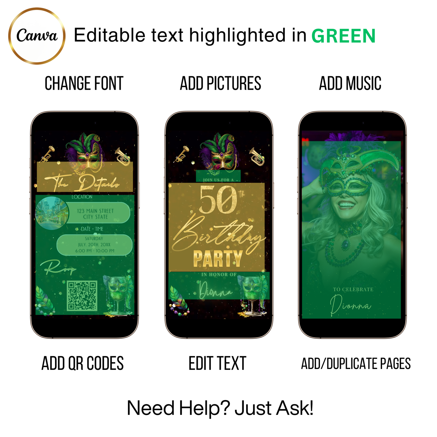 Editable mardi gras masquerade 50th birthday – editable canva animated video invitation displayed on a mobile phone, featuring an animated vertical digital invite with music, created in Canva. This premium video invitation template is designed for sharing by text, email, and social media and works with an interactive RSVP website for easy guest response tracking.