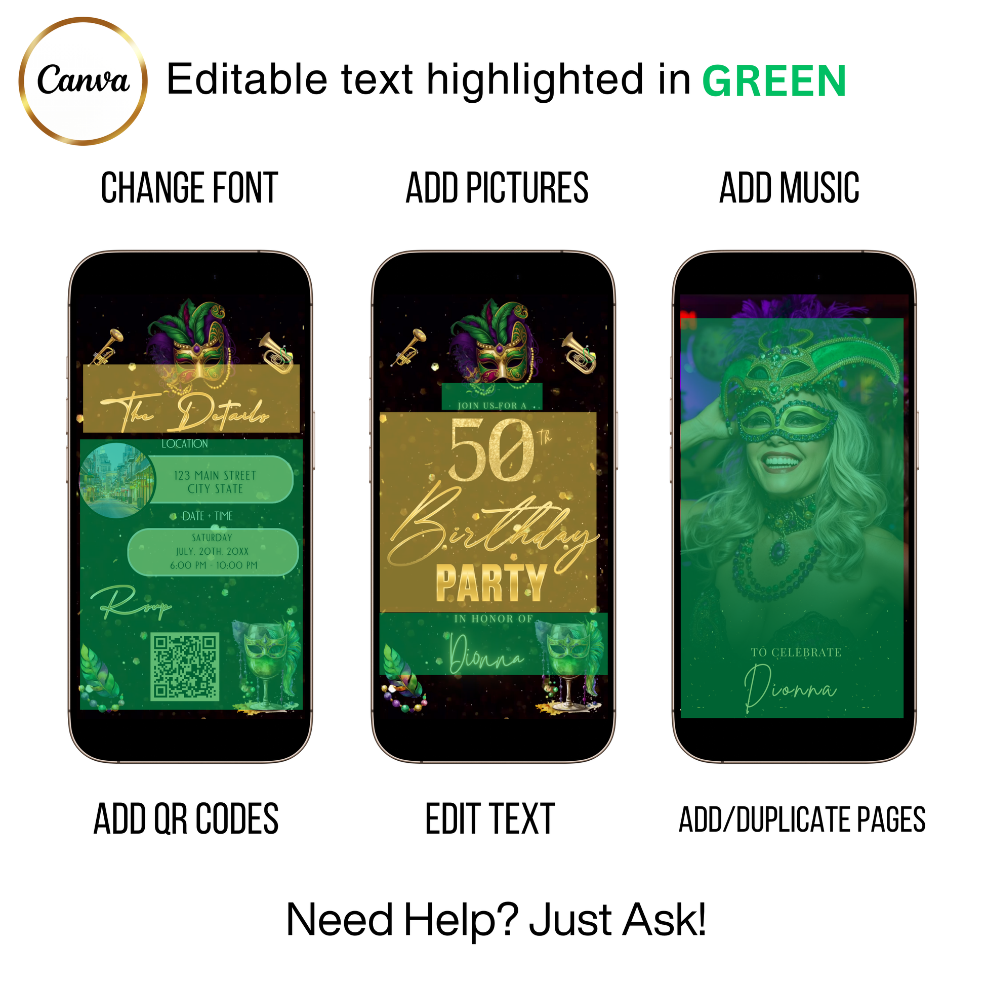 Editable mardi gras masquerade 50th birthday – editable canva animated video invitation displayed on a mobile phone, featuring an animated vertical digital invite with music, created in Canva. This premium video invitation template is designed for sharing by text, email, and social media and works with an interactive RSVP website for easy guest response tracking.