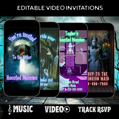 Editable haunted mansion halloween party party video invitation displayed on a mobile phone, featuring an animated vertical digital invite with music, created in Canva. This premium video invitation template is designed for sharing by text, email, and social media and works with an interactive RSVP website for easy guest response tracking.