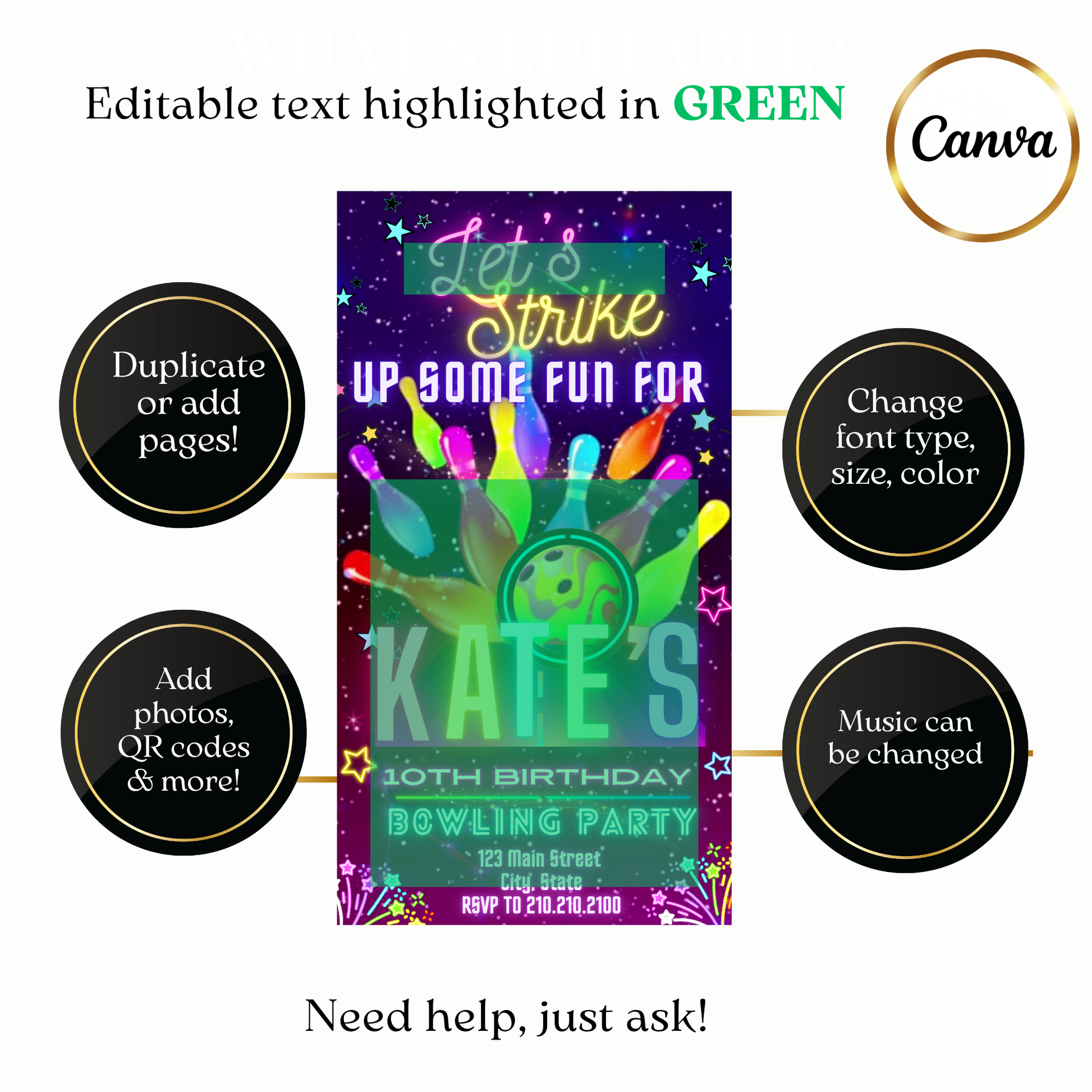 Animated Glow Bowling Theme Video Invitation Evite (blacklight, bowling, bright)