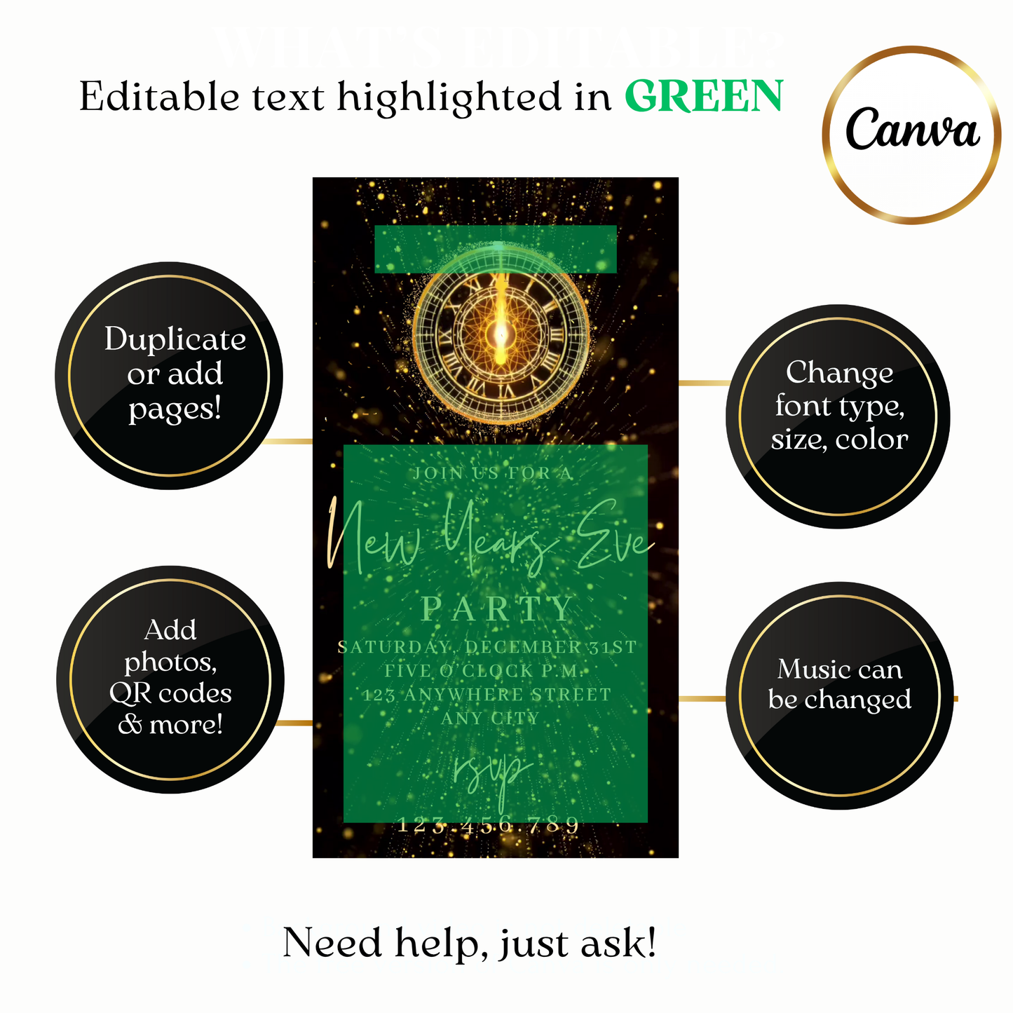 Custom golden fireworks digital video invite for New Year