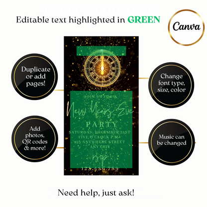 Custom golden fireworks digital video invite for New Year