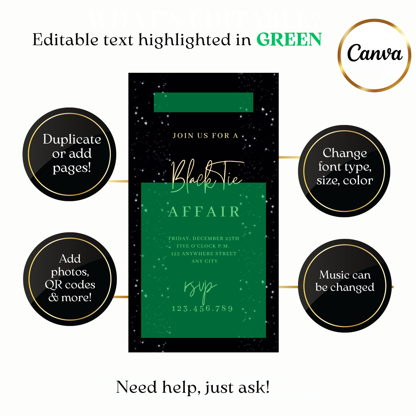 Animated Black Glitter Glam Video Invitation — Elegant Gold Text Digital Template Evite