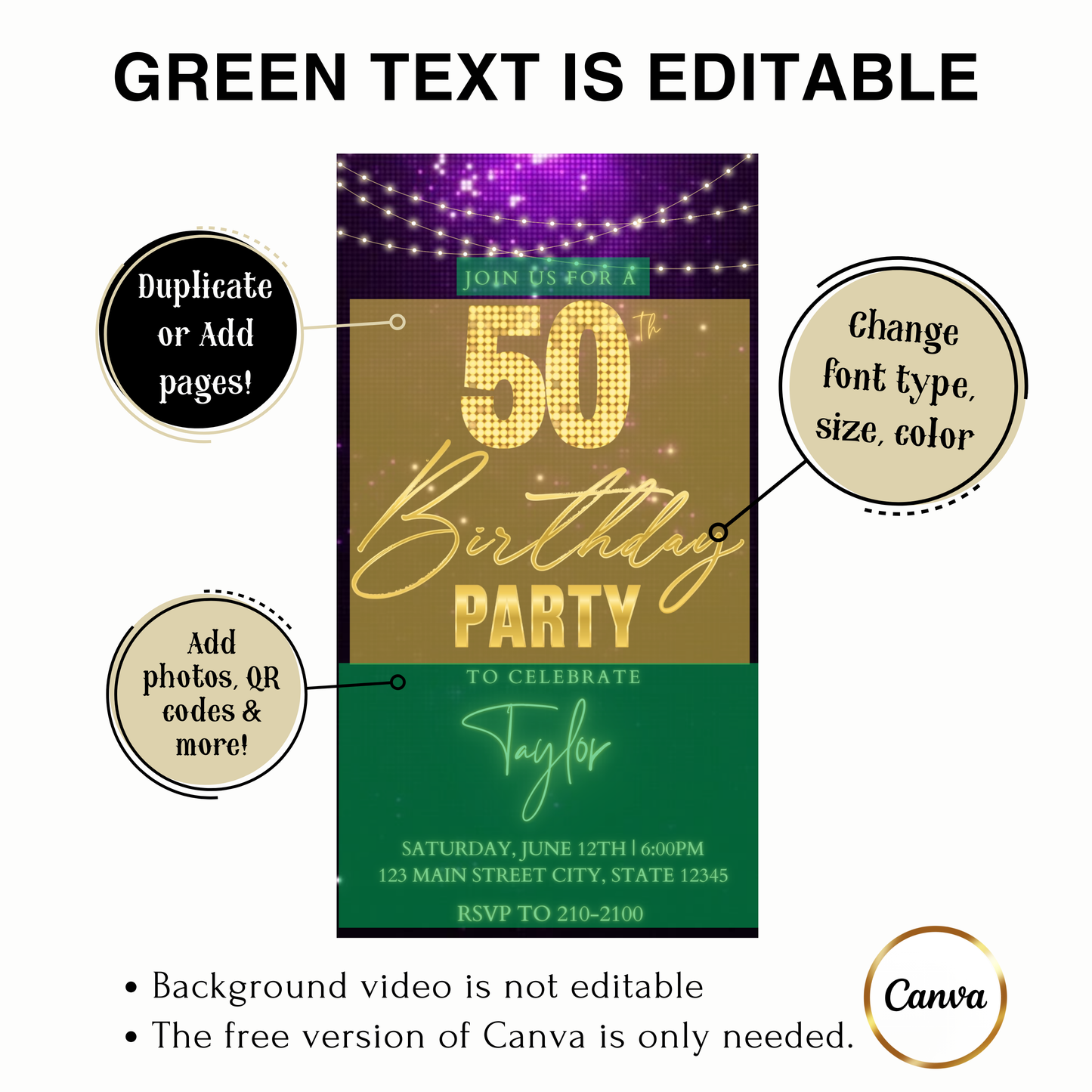 Editable classic gold bokeh 50th birthday video invitation displayed on a mobile phone, featuring an animated vertical digital invite with music, created in Canva. This premium video invitation template is designed for sharing by text, email, and social media and works with an interactive RSVP website for easy guest response tracking.