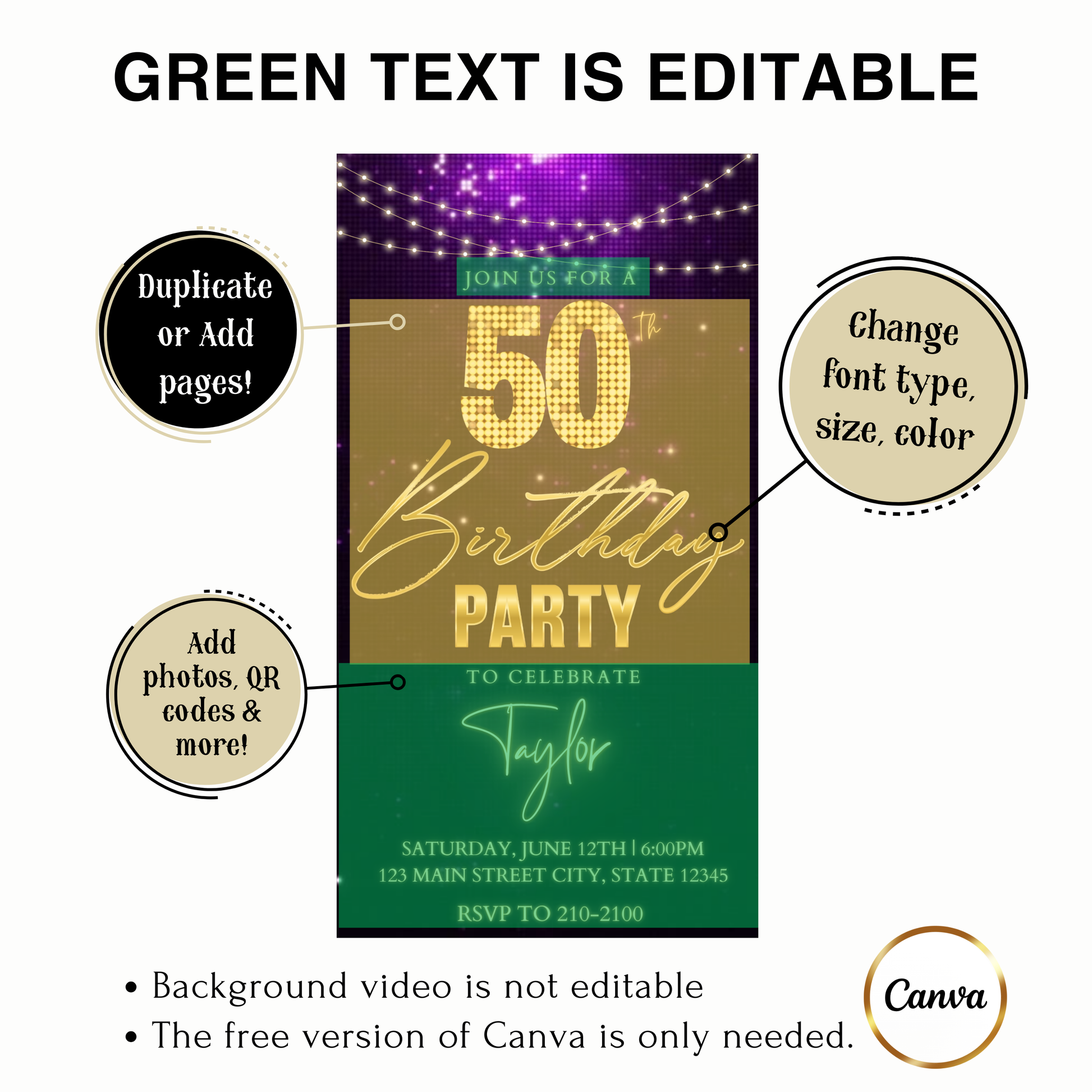 Editable classic gold bokeh 50th birthday video invitation displayed on a mobile phone, featuring an animated vertical digital invite with music, created in Canva. This premium video invitation template is designed for sharing by text, email, and social media and works with an interactive RSVP website for easy guest response tracking.